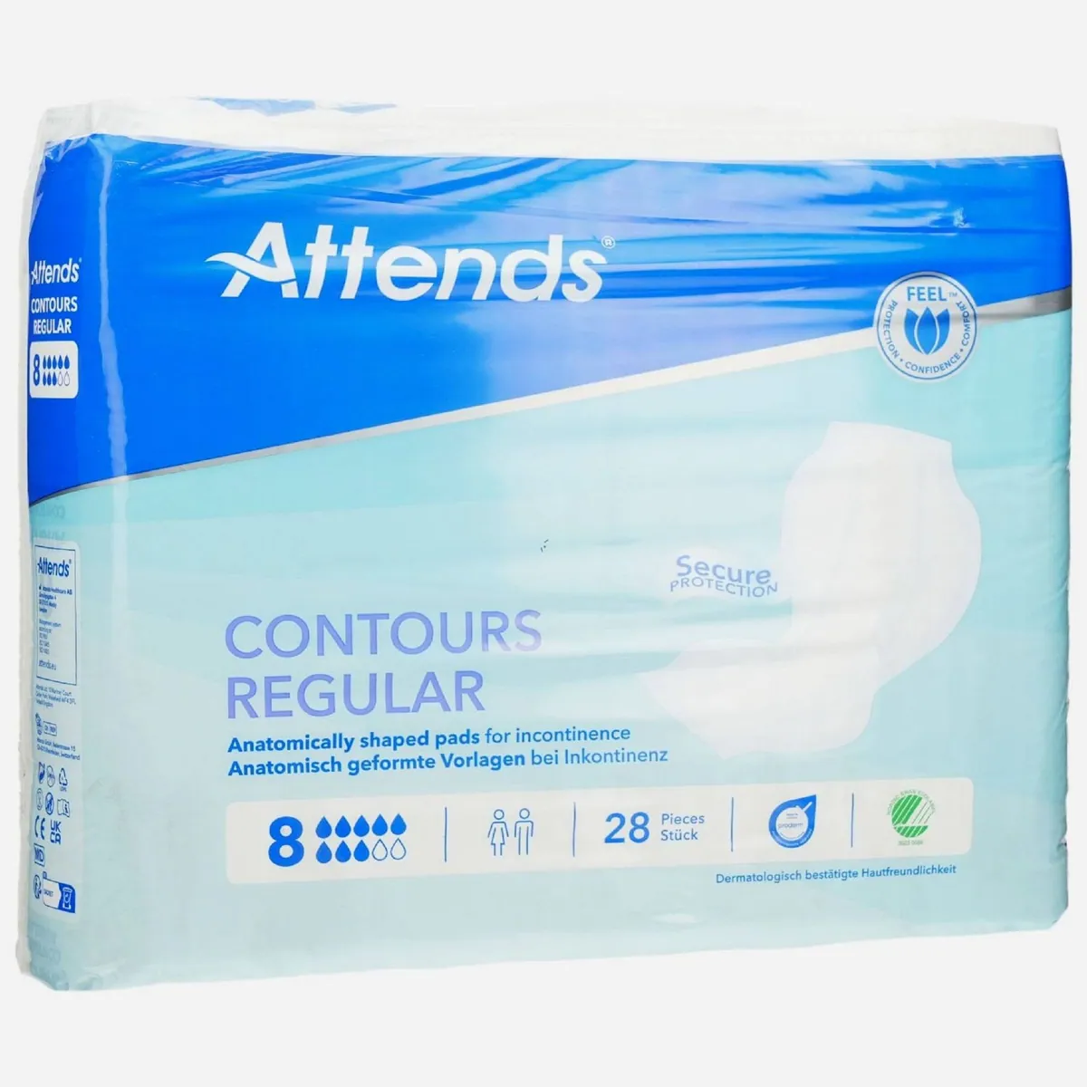 Attends Contours Regular 8, anatomisch geformt, hohe Saugfähigkeit — 28 Stück