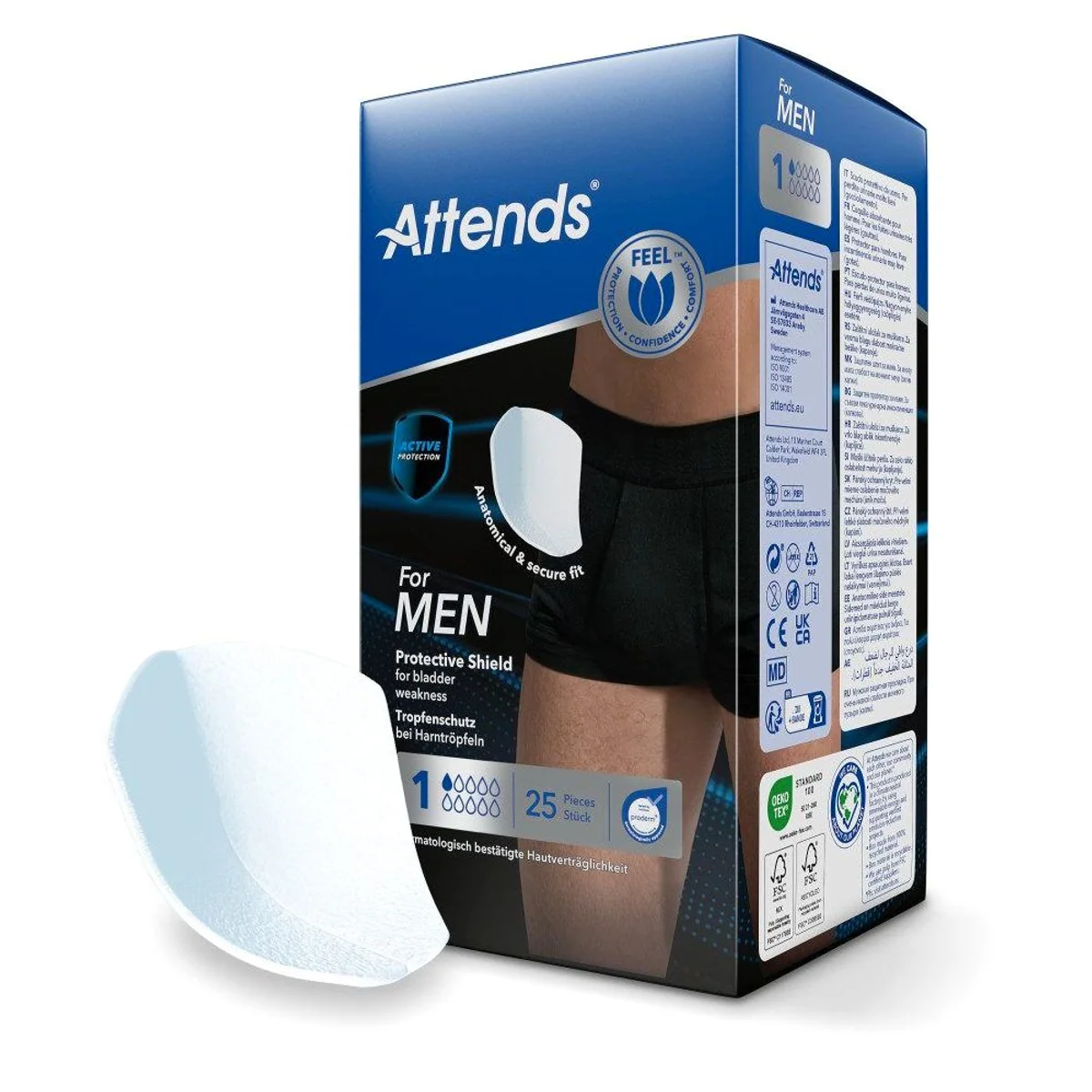 Attends For Men 1 Protective Shield, körpergerechte Form, schnelle Flüssigkeitsaufnahme — 25 Stück