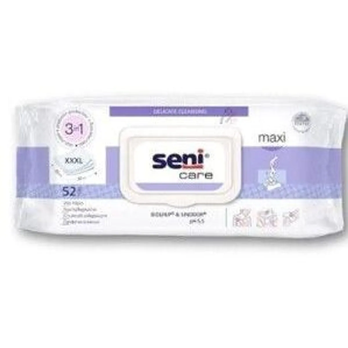 Seni Care Maxi Feuchttücher, sanfte Reinigung, hautfreundlich, praktische Größe — 52 Stück 3
